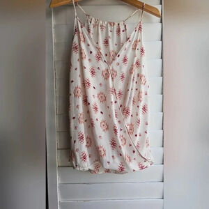 Summer Spaghetti Top  Blouse Slip V Neck Wrap White Geometric Pattern Size L